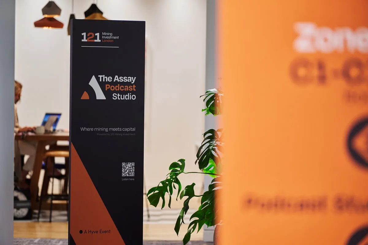 The Assay Podcast Studio signage at 121 Mining Investment London